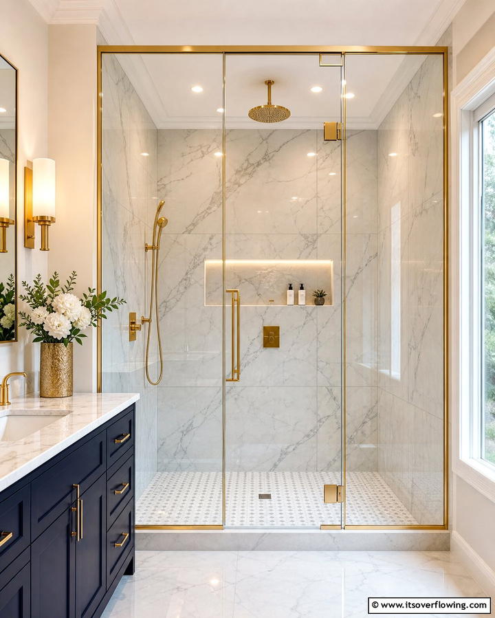Gold Framed Shower Door - 25 White and Gold Bathroom Ideas for a Luxurious Look
