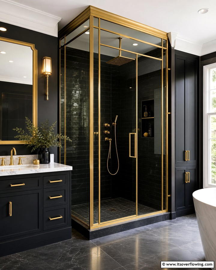 Gold Framed Shower Enclosures - 25 Black and Gold Bathroom Ideas for a Glamorous Space