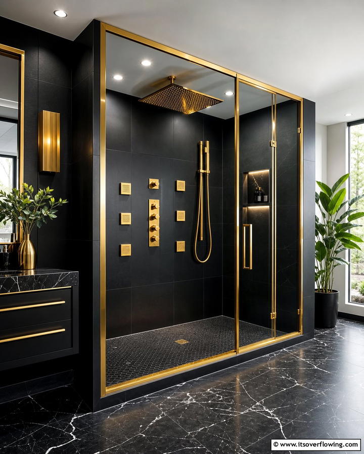 Gold Framed Shower with Black Walls - 25 Black and Gold Bathroom Ideas for a Glamorous Space