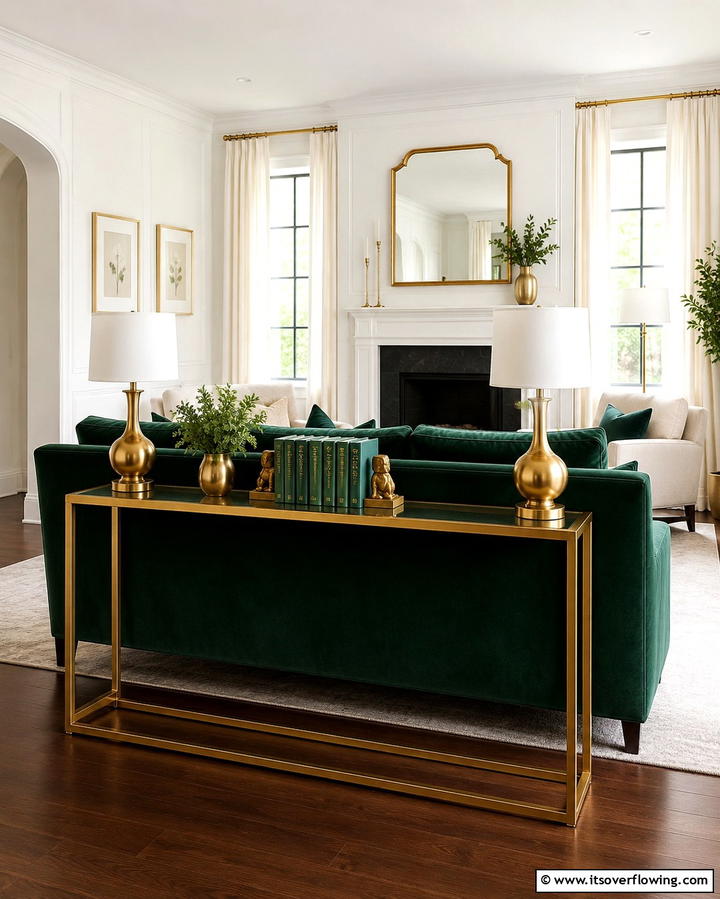 Gold Framed Sofa Table - 25 Green and Gold Living Room Ideas for Luxury