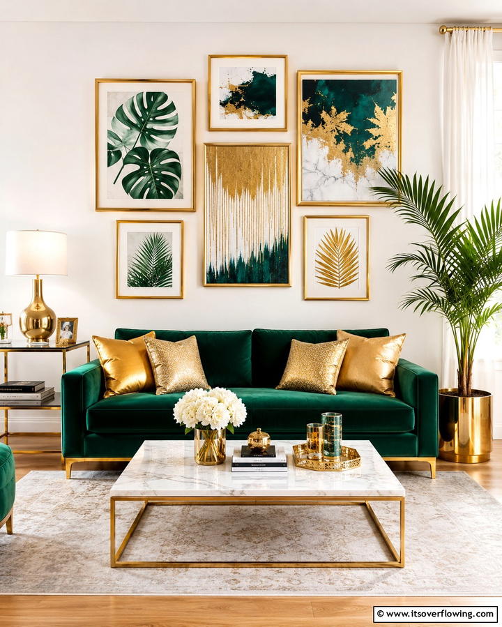 Gold Framed Wall Art to Add Glamour - 25 Emerald Green and Gold Living Room Ideas for Luxury