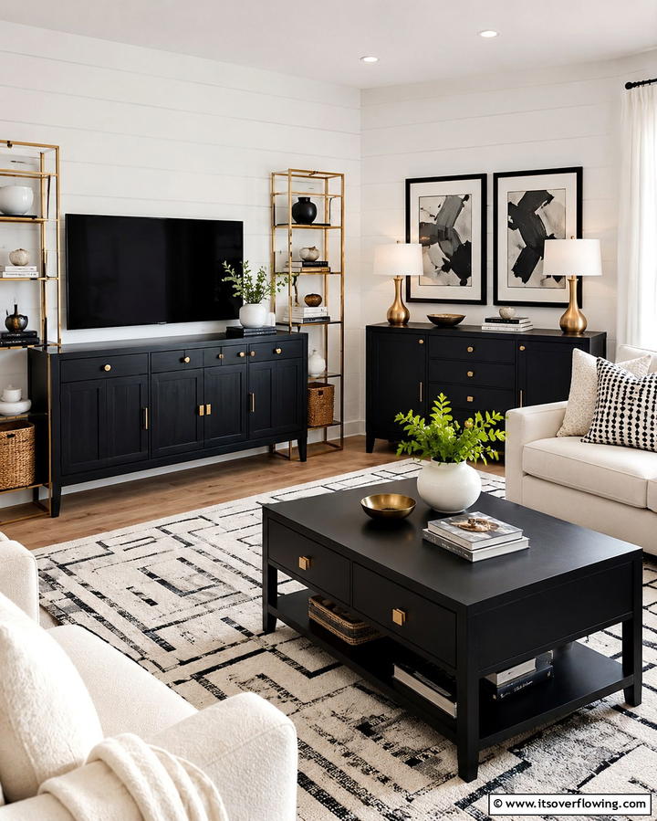 Gold Hardware on Black Furniture - 25 Black and Gold Living Room Ideas for a Luxurious Feel