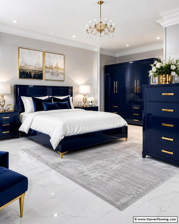 Gold Hardware on Blue Furniture - 25 Blue and Gold Bedroom Ideas for a Regal Atmosphere