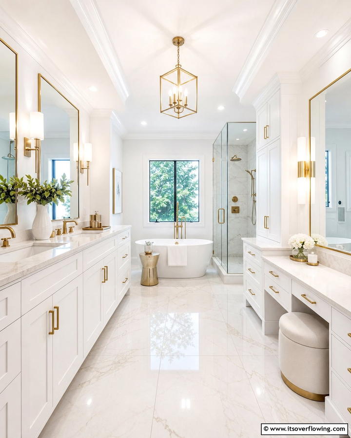 Gold Hardware on White Cabinetry - 25 White and Gold Bathroom Ideas for a Luxurious Look