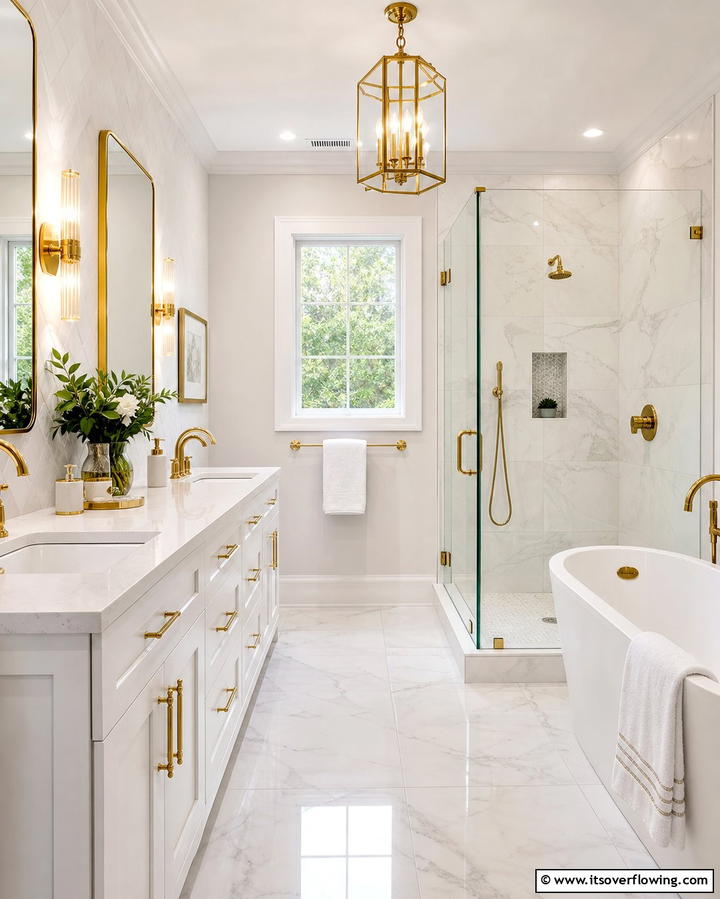 Gold Hardware on White Cabinets - 25 White and Gold Bathroom Ideas for a Luxurious Look