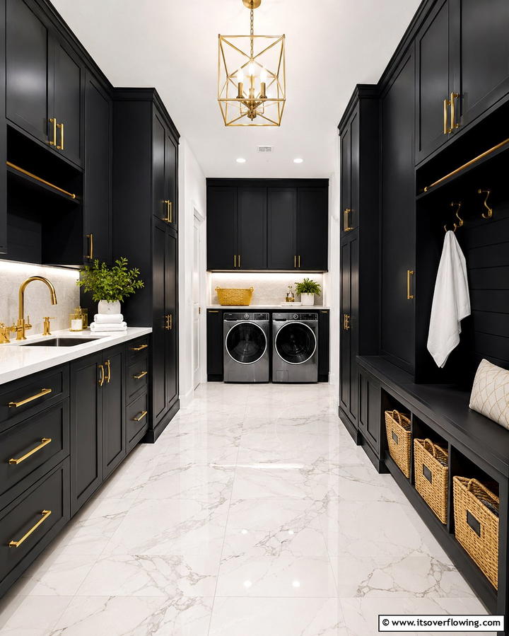 Gold Hardware with Black Elements - 30 Stylish Black Laundry Room Ideas for a Modern Utility Space
