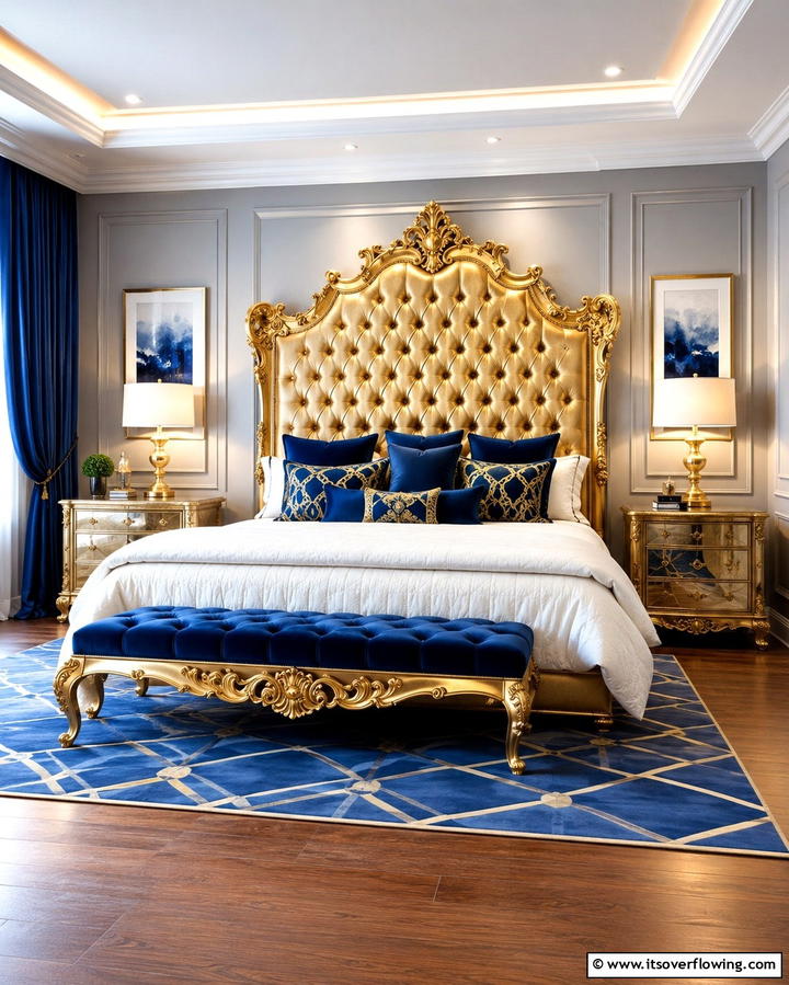 Gold Headboards with Blue Accents - 25 Blue and Gold Bedroom Ideas for a Regal Atmosphere