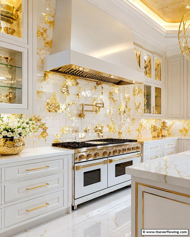 Gold Leaf Overlaid on White Glass Tiles - 25 White and Gold Kitchen Backsplash Ideas for Elegance