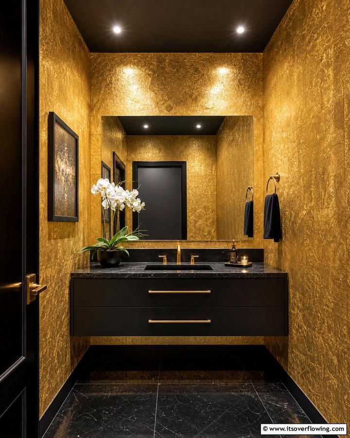 Gold Leaf Wallpaper with Black Vanity - 25 Luxurious Black and Gold Powder Room Ideas for Elegance