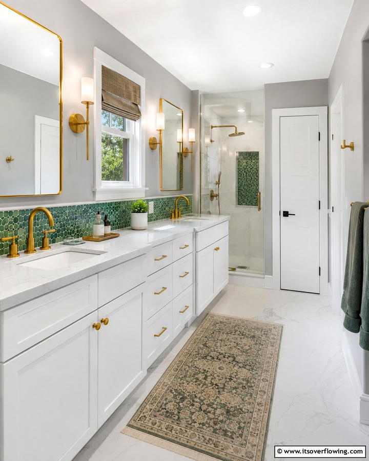 Gold Light Fixtures with Green Walls - 25 Luxurious Green and Gold Bathroom Design Ideas