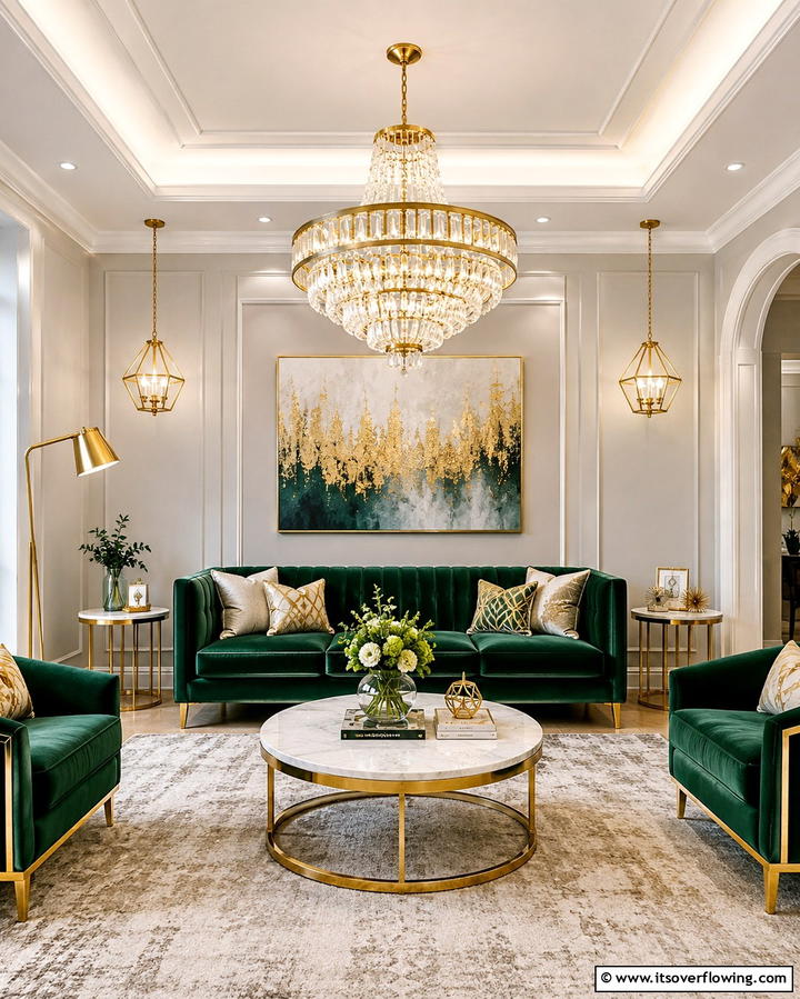 Gold Lighting Fixtures for a Chic Glow - 25 Emerald Green and Gold Living Room Ideas for Luxury
