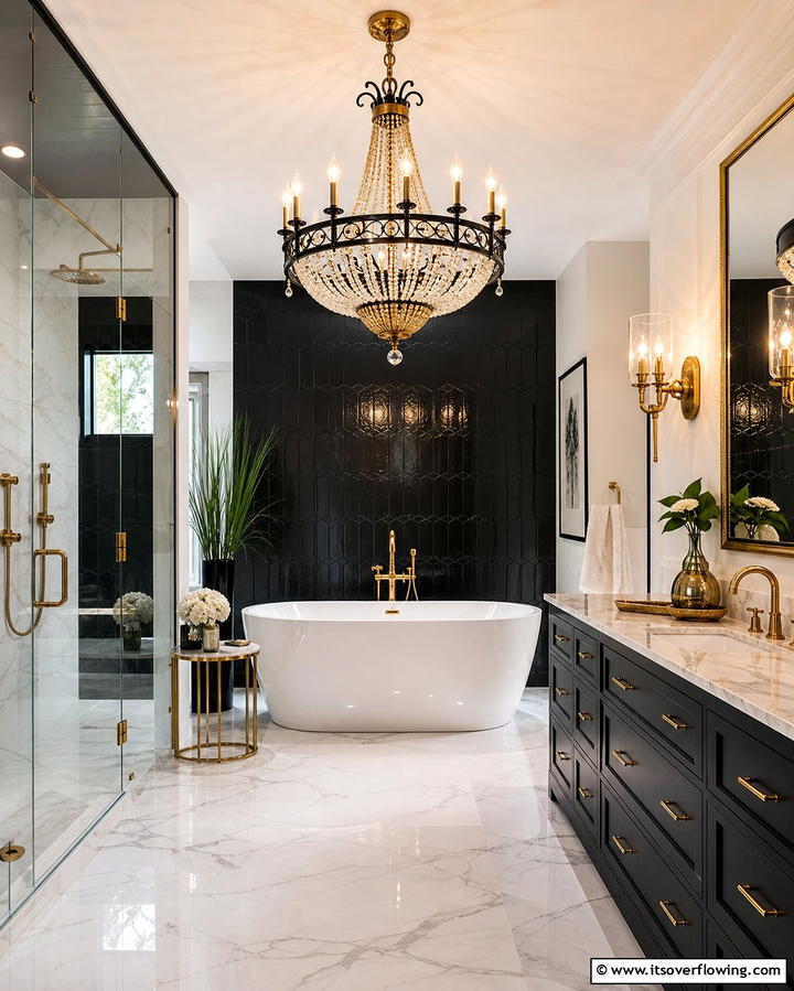 Gold Lighting Fixtures with Black Detailing - 25 Black and Gold Bathroom Ideas for a Glamorous Space