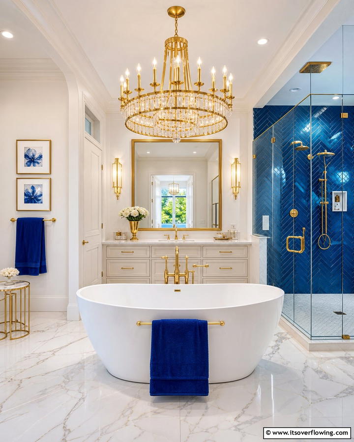 Gold Lighting Fixtures with Blue Accents - 25 Blue and Gold Bathroom Ideas for a Luxurious Retreat
