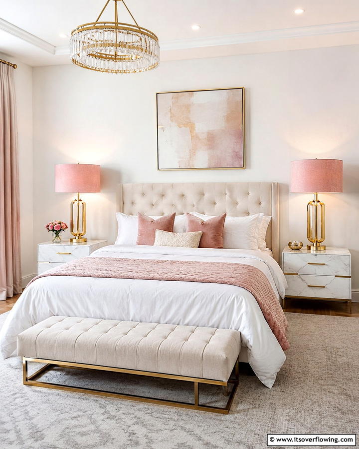 Gold Lighting Fixtures with Pink Lampshades - 25 Pink and Gold Bedroom Ideas for a Luxurious Retreat