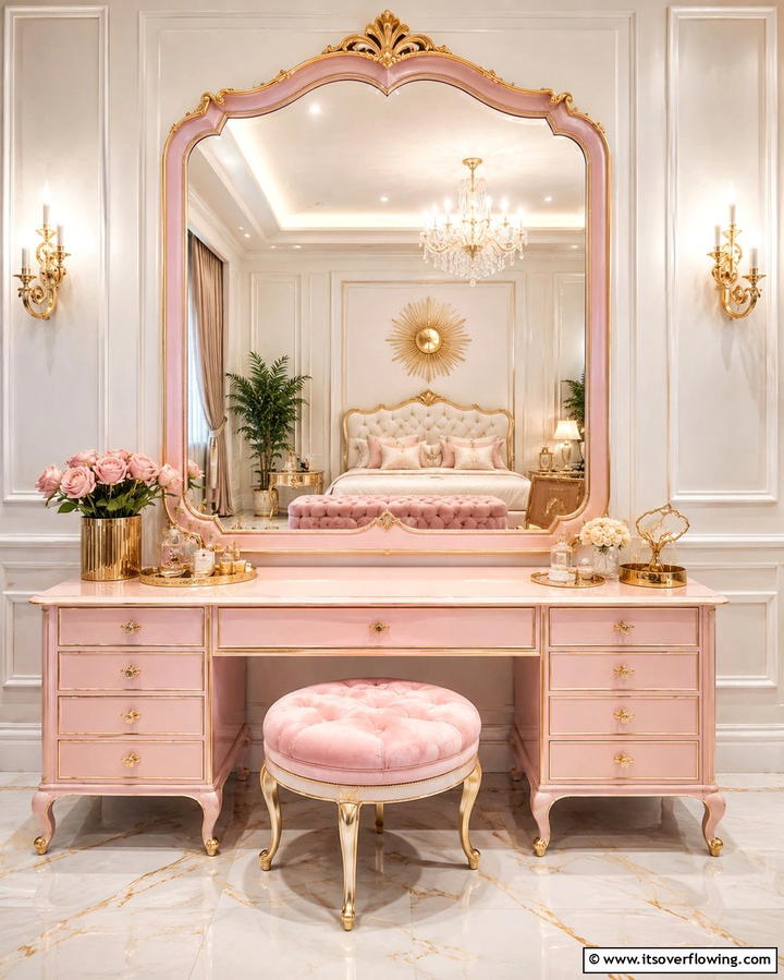 Gold Mirror with Pink Frame - 25 Pink and Gold Bedroom Ideas for a Luxurious Retreat