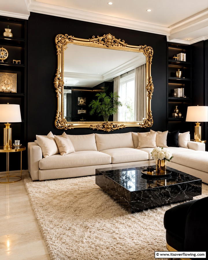 Gold Mirrors on Black Walls - 25 Black and Gold Living Room Ideas for a Luxurious Feel