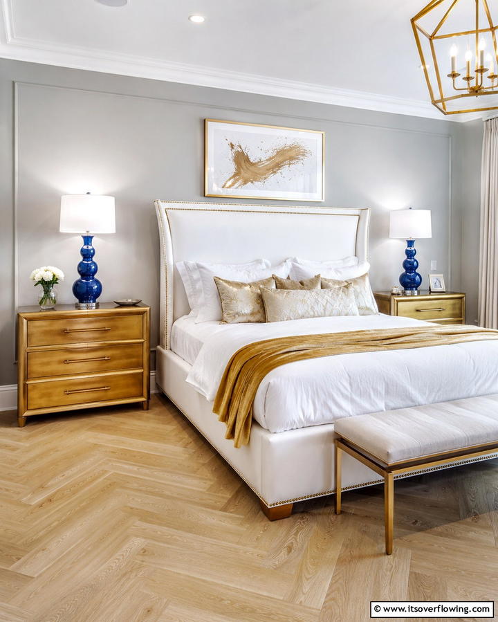 Gold Nightstands with Blue Lamps - 25 Blue and Gold Bedroom Ideas for a Regal Atmosphere