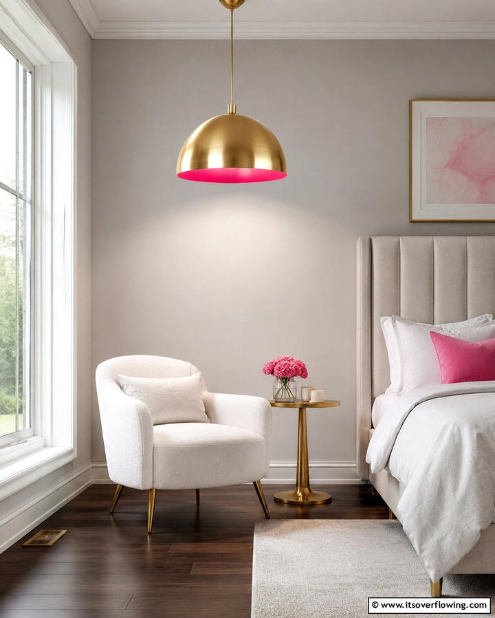 Gold Pendant Light with Pink Interior - 25 Pink and Gold Bedroom Ideas for a Luxurious Retreat