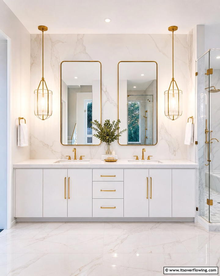 Gold Pendant Lighting - 25 White and Gold Bathroom Ideas for a Luxurious Look
