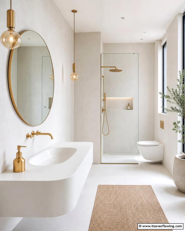 Gold Pendant Lighting Over a White Sink - 25 White and Gold Bathroom Ideas for a Luxurious Look