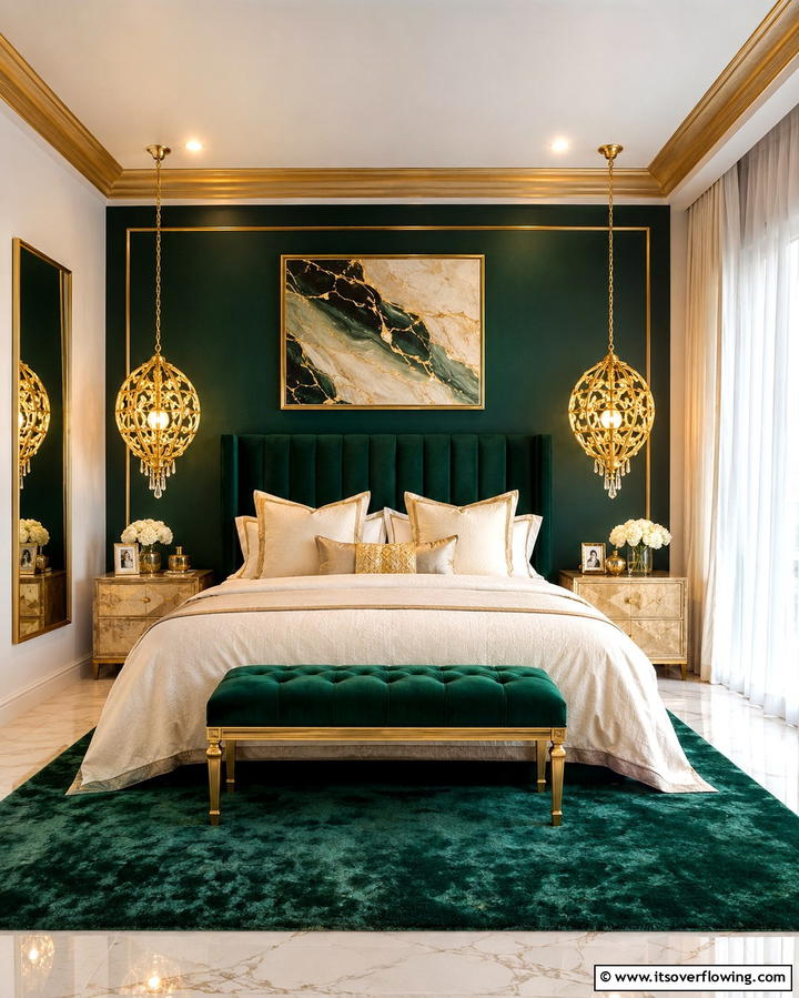 Gold Pendant Lighting for a Glamorous Touch - 25 Emerald Green and Gold Bedroom Ideas for a Luxurious Retreat