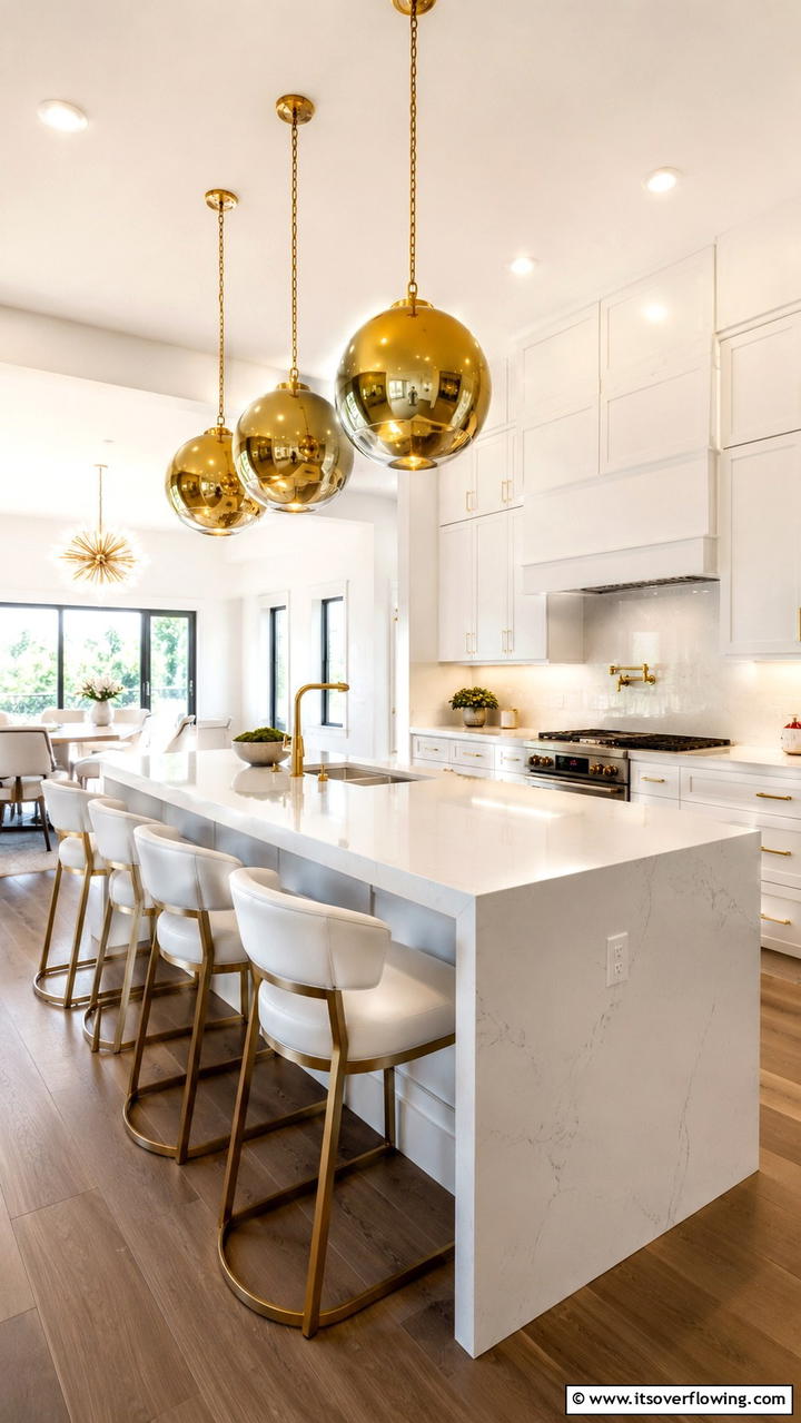 Gold Pendant Lighting over White Island - 21 White and Gold Kitchen Ideas for Timeless Elegance
