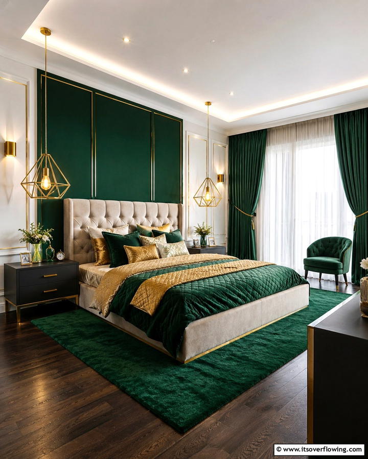 Gold Pendant Lighting to Illuminate the Room - 25 Emerald Green and Gold Bedroom Ideas for a Luxurious Retreat
