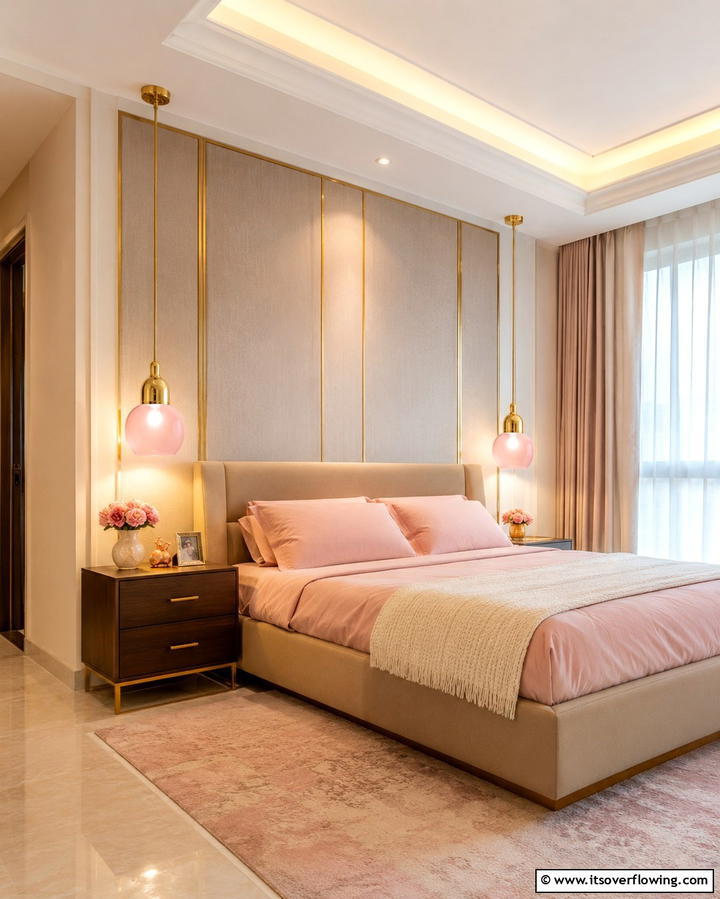 Gold Pendant Lighting with Pink Accents - 25 Pink and Gold Bedroom Ideas for a Luxurious Retreat