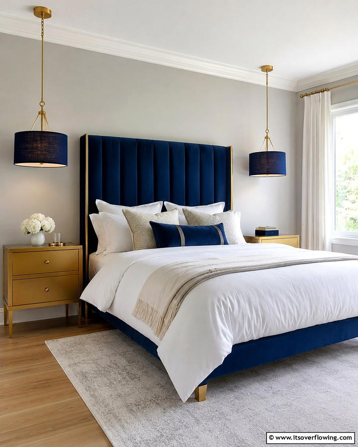 Gold Pendant Lights with Blue Shades - 25 Blue and Gold Bedroom Ideas for a Regal Atmosphere