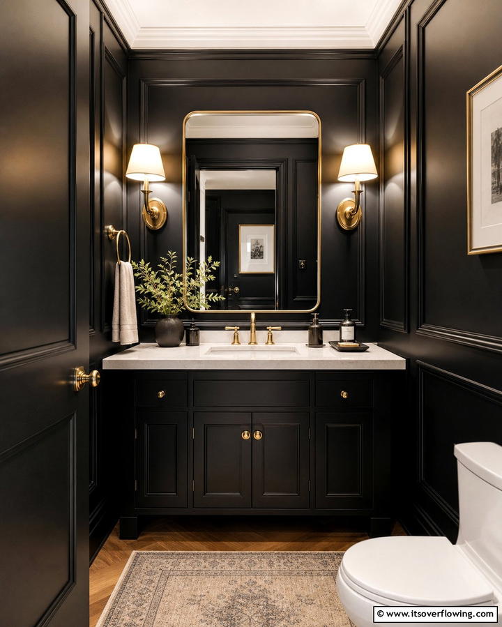 Gold Sconces on Black Paneled Walls - 25 Luxurious Black and Gold Powder Room Ideas for Elegance