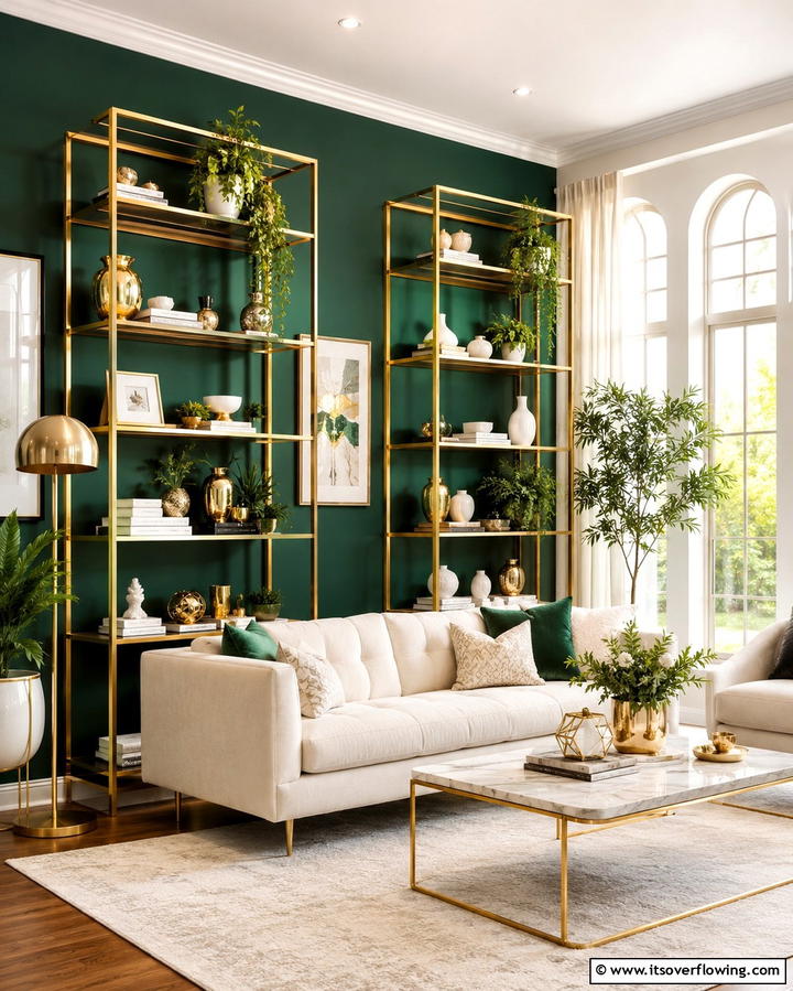 Gold Shelving Units for Display - 25 Emerald Green and Gold Living Room Ideas for Luxury