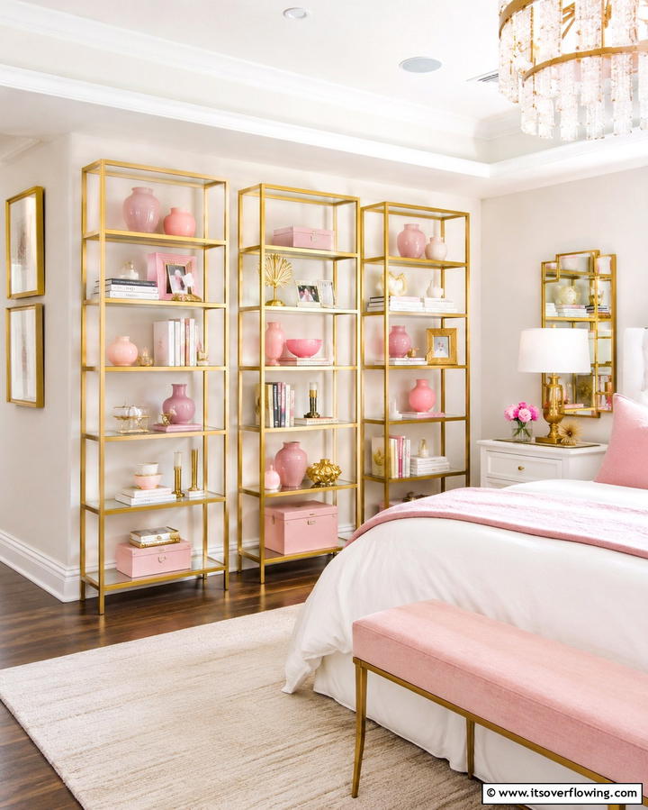 Gold Shelving Units with Pink Decor - 25 Pink and Gold Bedroom Ideas for a Luxurious Retreat