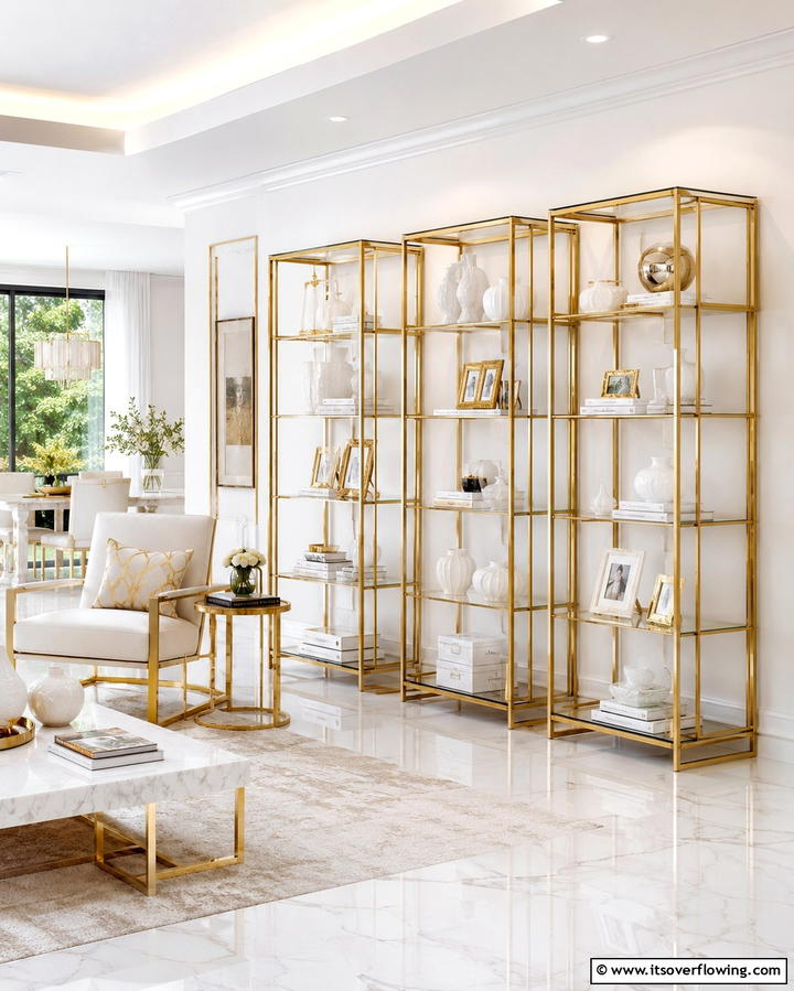 Gold Shelving Units - 25 White and Gold Living Room Ideas for Elegance