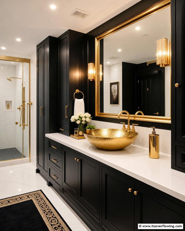 Gold Sink with Black Cabinetry - 25 Black and Gold Bathroom Ideas for a Glamorous Space