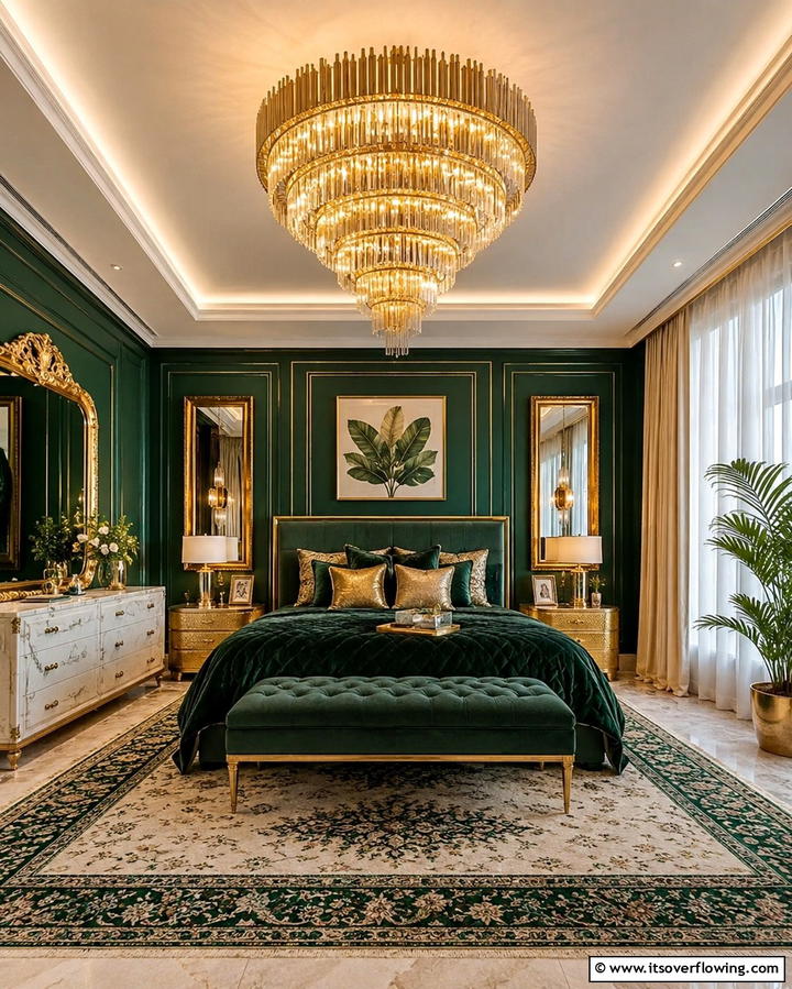 Gold Statement Chandeliers - 25 Emerald Green and Gold Bedroom Ideas for a Luxurious Retreat