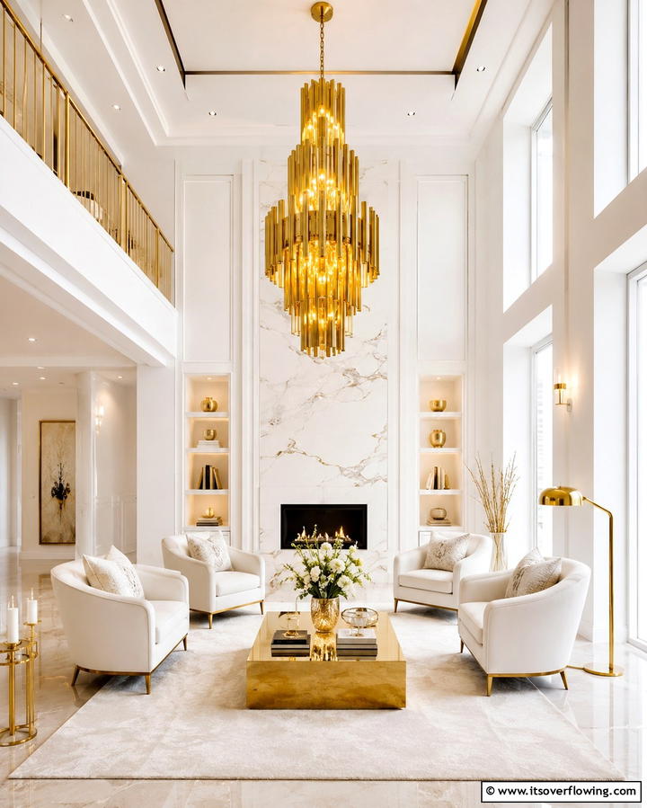 Gold Statement Lighting - 25 White and Gold Living Room Ideas for Elegance