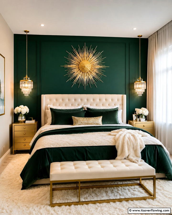 Gold Sunburst Wall Art Above the Bed - 25 Emerald Green and Gold Bedroom Ideas for a Luxurious Retreat