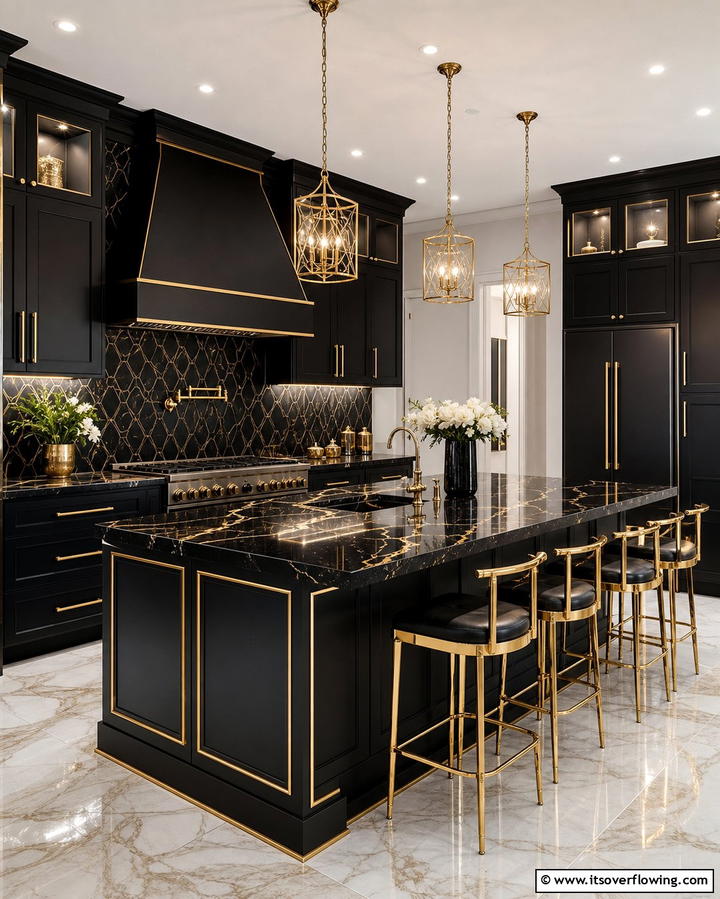 Gold Trim on Black Kitchen Islands - 25 Black and Gold Kitchen Ideas for a Luxurious Look