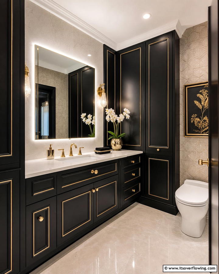 Gold Trimmed Black Cabinetry - 25 Luxurious Black and Gold Powder Room Ideas for Elegance
