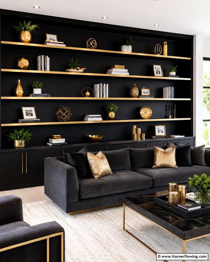 Gold Trimmed Black Shelves - 25 Black and Gold Living Room Ideas for a Luxurious Feel