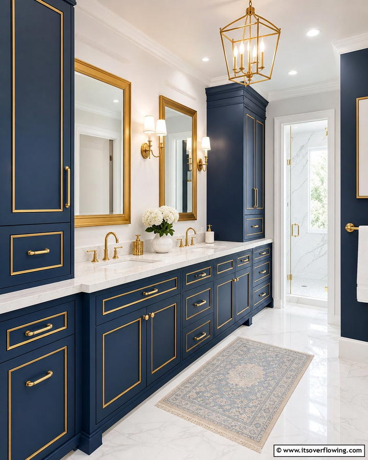 Gold Trimmed Blue Cabinets - 25 Blue and Gold Bathroom Ideas for a Luxurious Retreat