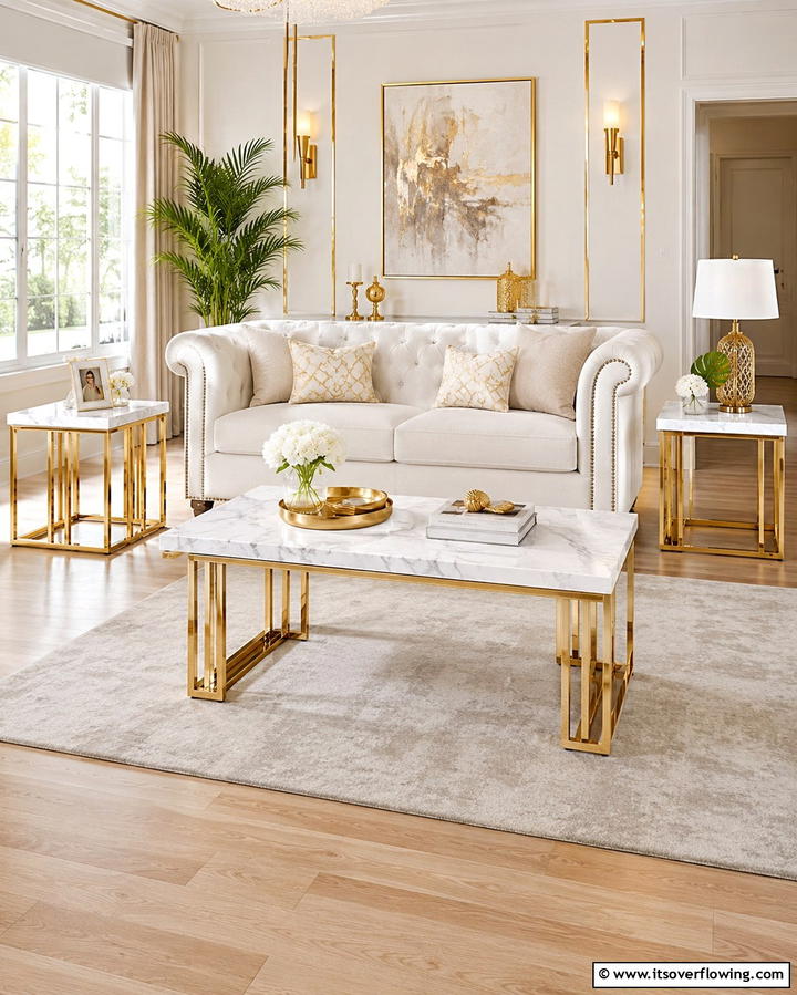 Gold Trimmed Ceiling Fixtures - 25 White and Gold Living Room Ideas for Elegance