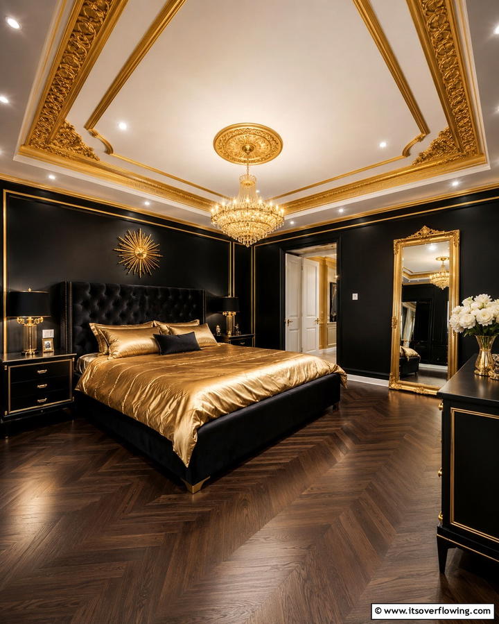 Gold Trimmed Ceiling - 25 Stunning Black and Gold Bedroom Design Ideas