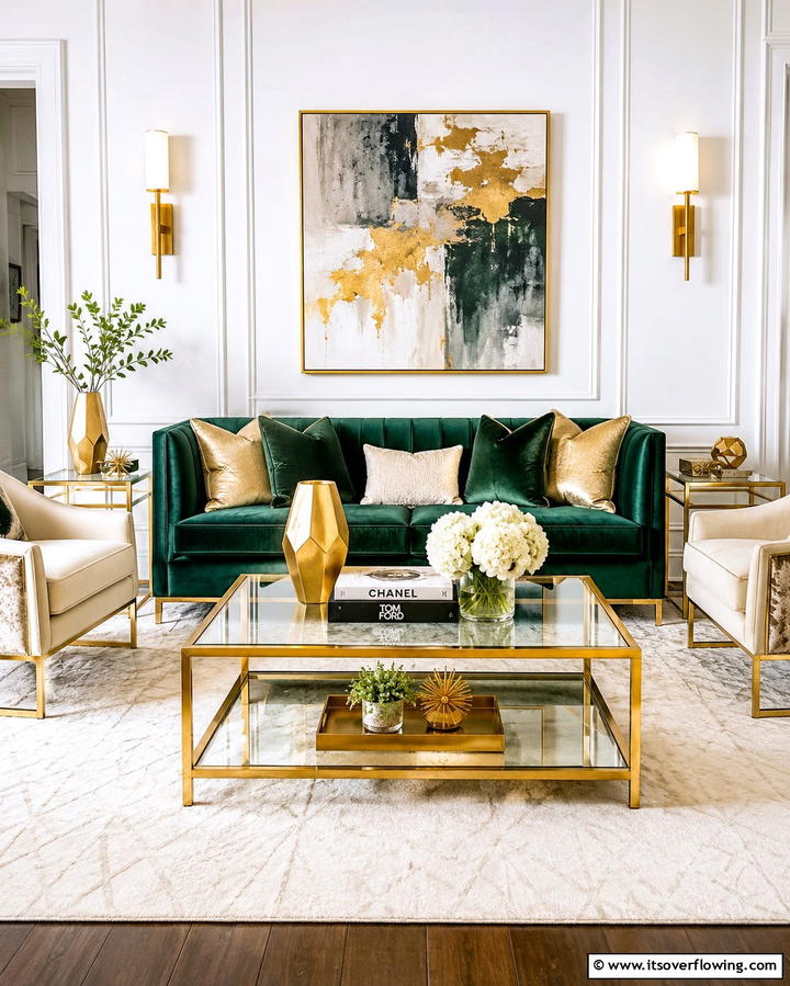 Gold Trimmed Coffee Table for a Luxe Focal Point - 25 Emerald Green and Gold Living Room Ideas for Luxury