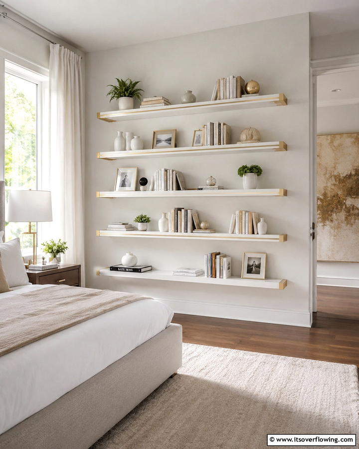 Gold Trimmed Shelving - 25 White and Gold Bedroom Ideas for a Serene Retreat
