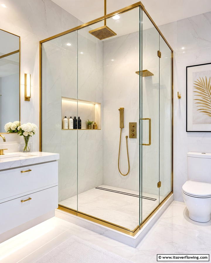 Gold Trimmed Shower Enclosure - 25 White and Gold Bathroom Ideas for a Luxurious Look