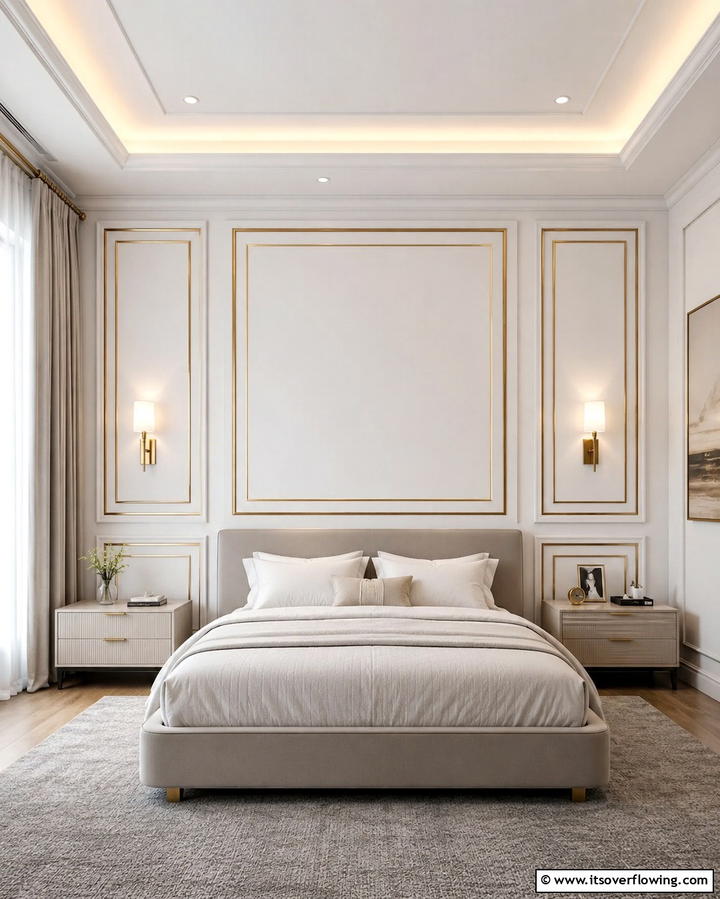 Gold Trimmed Wall Panels - 25 White and Gold Bedroom Ideas for a Serene Retreat