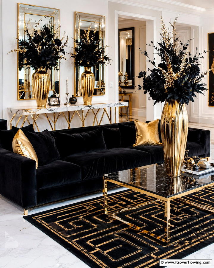 Gold Vases with Black Floral Arrangements - 25 Black and Gold Living Room Ideas for a Luxurious Feel