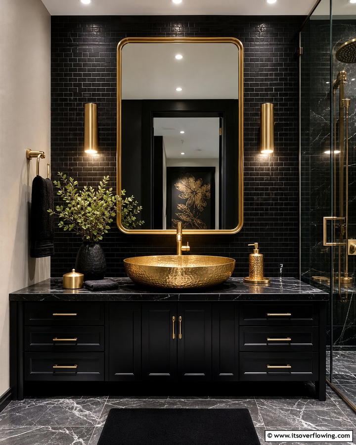 Gold Vessel Sinks - 25 Black and Gold Bathroom Ideas for a Glamorous Space