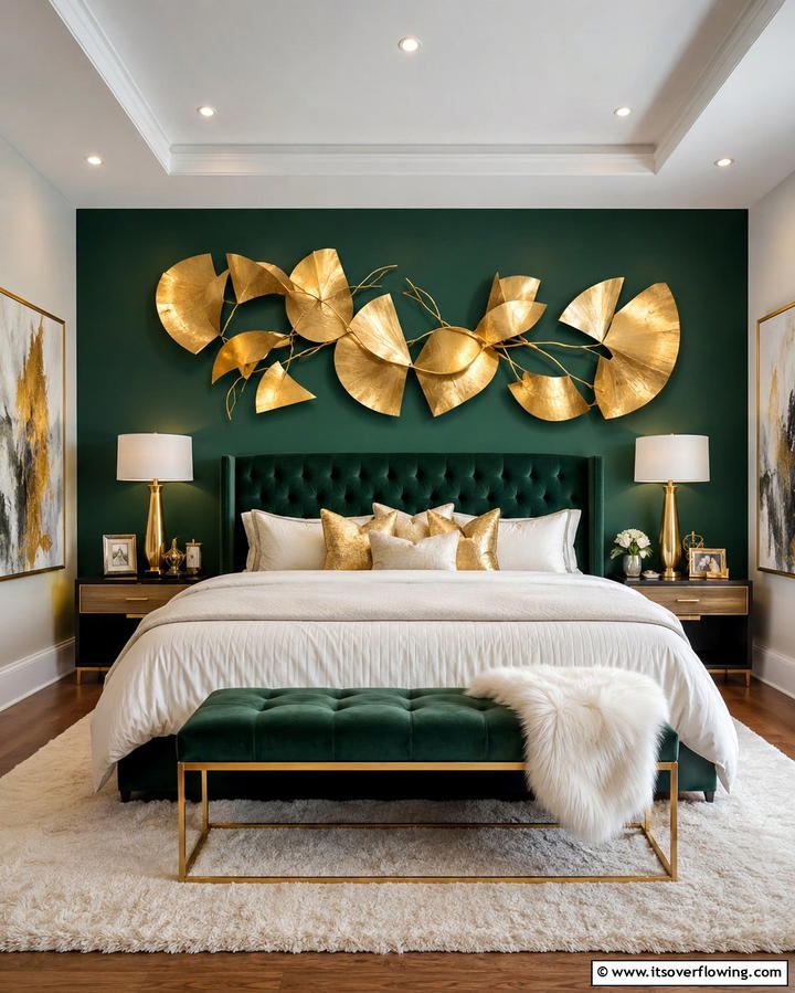 Gold Wall Art for a Focal Point - 25 Emerald Green and Gold Bedroom Ideas for a Luxurious Retreat